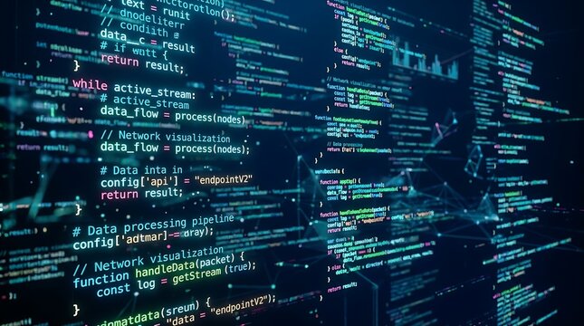 A vibrant display of coding on a computer screen with colorful lines of programming language.