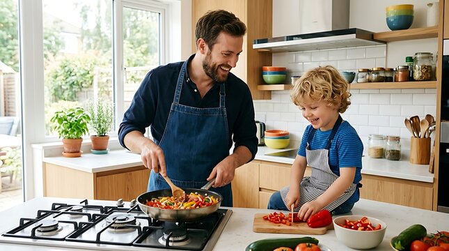 Father and son cooking together on kitchen island with fresh vegetables and food