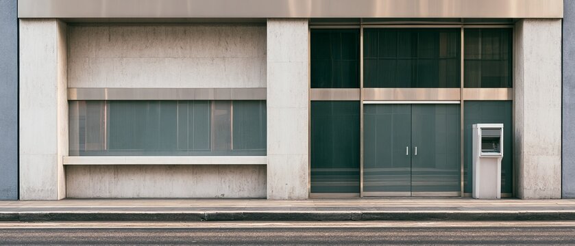 Building exterior with a glass front and an ATM on a sidewalk during daylight hours