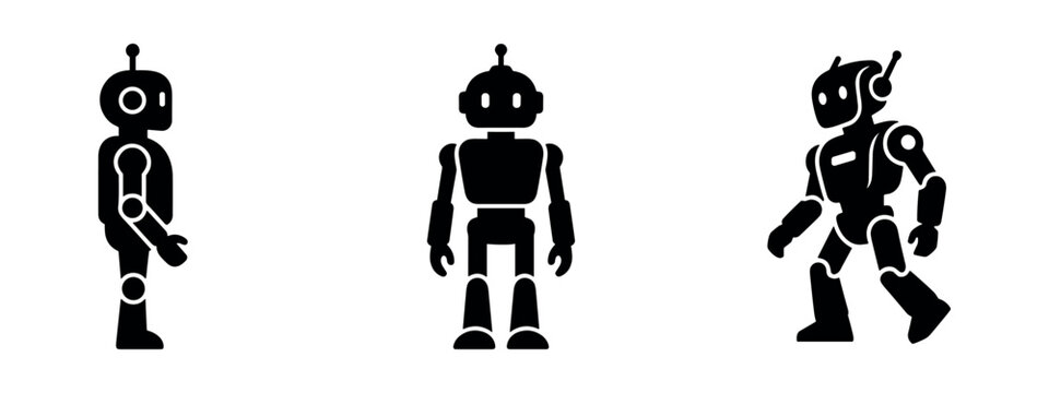 Robot icons set. Humanoid artificial intelligence characters in side and front views on a white background.