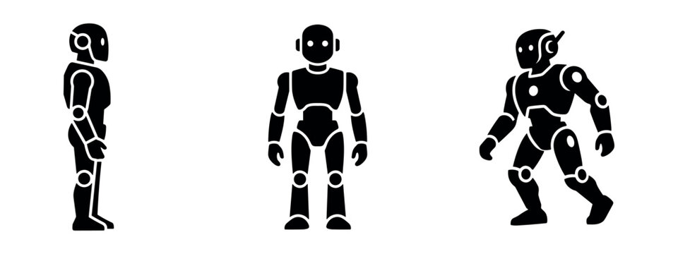 Humanoid Robot Icon Set in Different Poses, Symbolizing Future Automation and AI