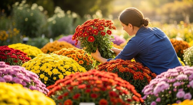 Person picking chrysanthemum flowers in vibrant garden with colorful blooms surrounding them. Chrysanthemum flowers are elegantly arranged in various colors and sizes, showcasing their beauty.