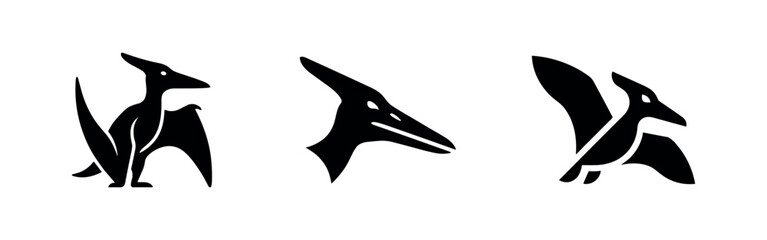 Pterodactyl icon set, dinosaur head and standing symbols © Lili