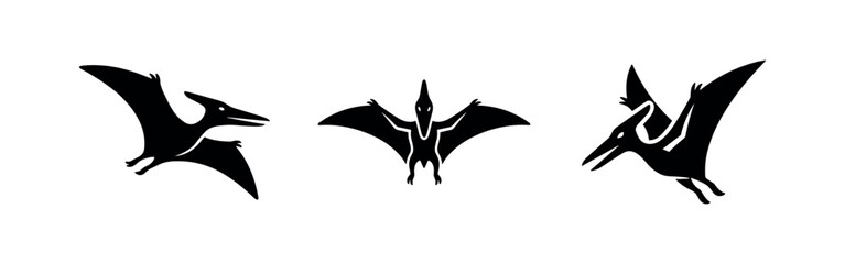 Pterodactyl icon set, flying dinosaur symbols in various poses © Lili