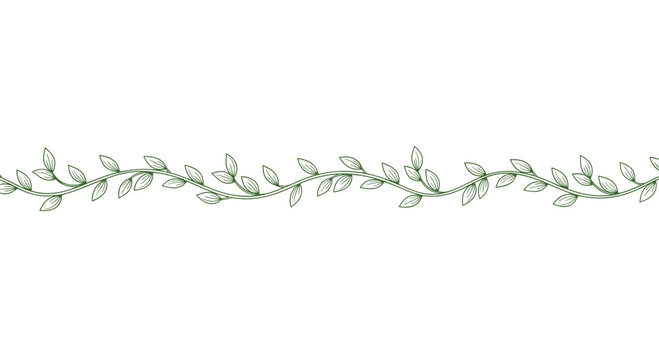Long horizontal green vine border with small hand drawn leaves on a white background for organic or nature themed design elements.