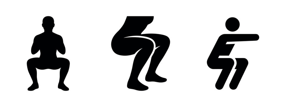 Man squatting icon set, stylized exercise and workout symbols