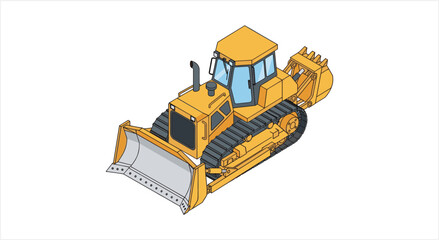 Yellow bulldozer construction vehicle isometric illustration. © Re