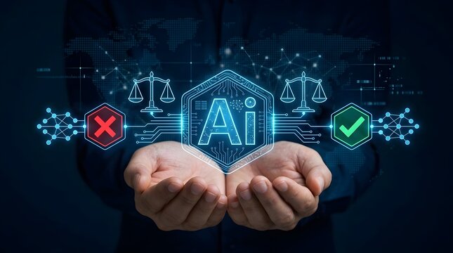 Person holding glowing blue AI symbol with scales and checkmark icons, representing and data security concepts