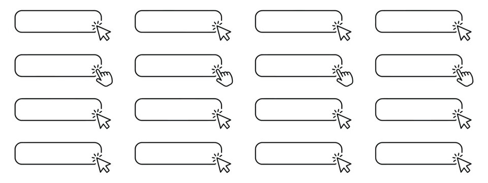 Click Cursor Icons with hand pointer, click here button, arrow cursor, buy now, register button, website navigation, user interface, and vector illustration.