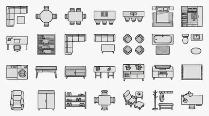 Sleek Minimalist Black and White Line Drawing Icons Set of Modern Furniture and Household Appliances © Kani