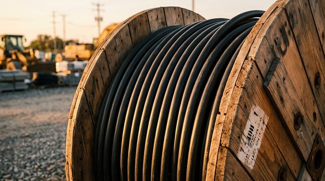 Large black electrical cable wound on a wooden spool at a construction site.