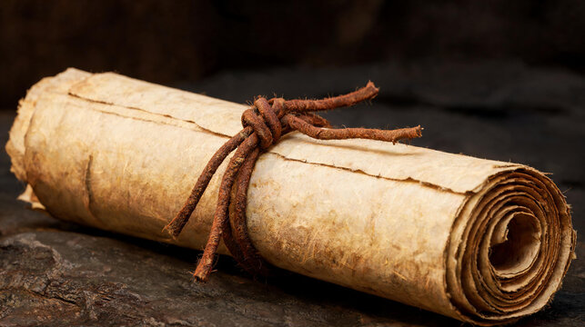 An aged rolled parchment scroll tied with a brown leather cord rests on a dark rocky surface representing ancient historical documents manuscripts maps and classical knowledge.