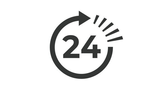 A dark grey twenty four hour icon featuring a circular arrow on a white background