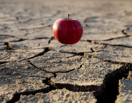 a minimalist conceptual shot of a fresh red apple levitating over a parched and dry cracked earth background