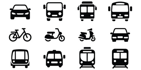 Public transportation vehicle icon set featuring cars buses scooters and trains for travel theme © MdOmar