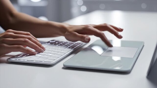 Hands typing on slim modern silver computer keyboard.