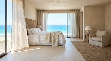 Fototapeta premium Modern Minimalist Bedroom Suite With Panoramic Ocean Views Featuring Neutral Tones and Elegant Coastal Interior Design Elements for Luxury Travel Stays