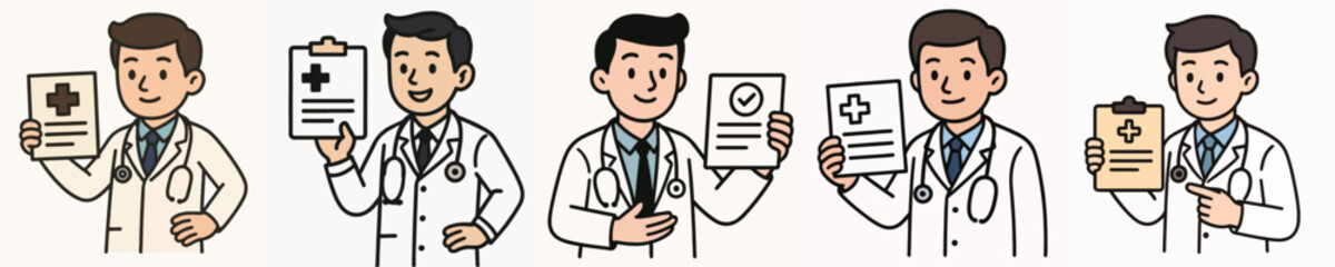 Obraz premium Set of vector illustrations of a doctor showing a report.