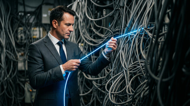 Executive holding a glowing blue fiber optic cable against tangled wires, representing corporate problem solving and streamlined technology.