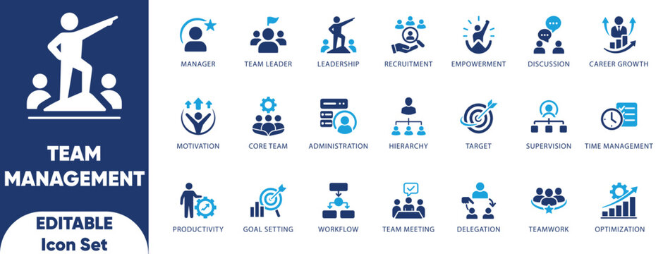 Team Management, Business Leadership, and HR Workflow Solid Vector Icon Set