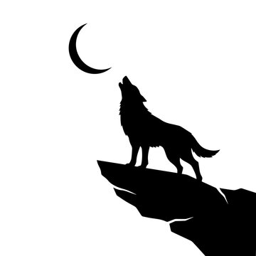 Silhouette of a wolf howling at a crescent moon, perched on a rocky cliff, black and white isolated on a white background