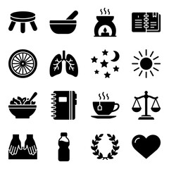 Sixteen black silhouette representing wellness, health, and lifestyle concepts isolated on a plain white background, surface area © yyy