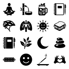 Sixteen black silhouette representing wellness, health, and lifestyle concepts isolated on a plain white background, surface area © yyy