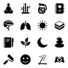 Sixteen black silhouette representing wellness, health, and lifestyle concepts isolated on a plain white background, surface area © yyy