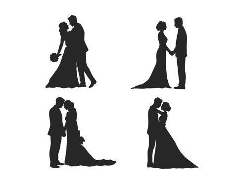 A collection of wedding couple silhouettes featuring romantic bride and groom poses for wedding-themed creative projects. Vector illustration