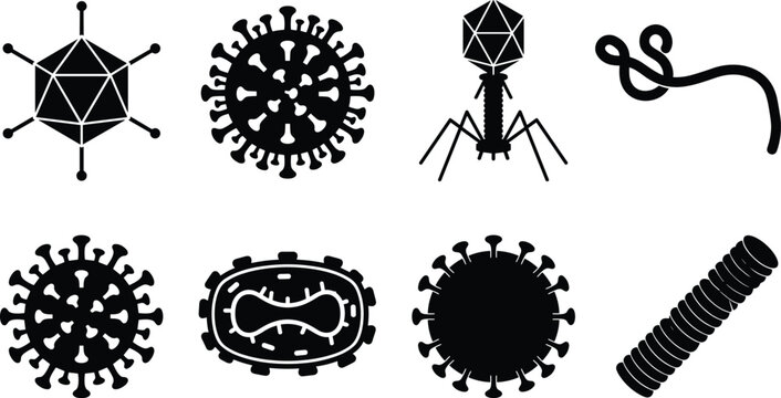 Collection of eight virus silhouette icons showing icosahedral, spherical, bacteriophage, filamentous, poxvirus, and helical structures for medical design