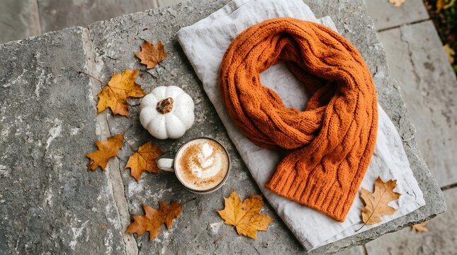 Cozy autumn flat lay with orange scarf, pumpkin, and coffee on stone background