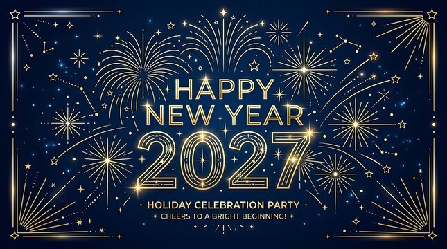 Elegant new year 2027 celebration card with golden fireworks and linear frame on deep blue background for holiday greetings.