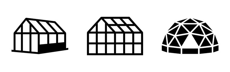 Three black icons of greenhouses and a geodesic dome, representing gardening and structures. © Lili