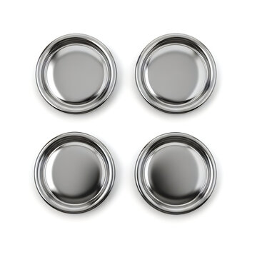 Four identical stainless steel bowls with water reflection
