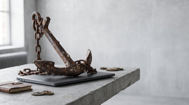 Modern laptop chained to a heavy rusty iron anchor on concrete, symbolizing technical debt, corporate burden, and digital burnout.