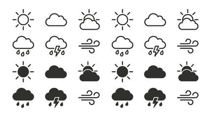 Obraz premium Meteorological weather icon set featuring sun clouds rain storm and wind variations forecast meteorology collection