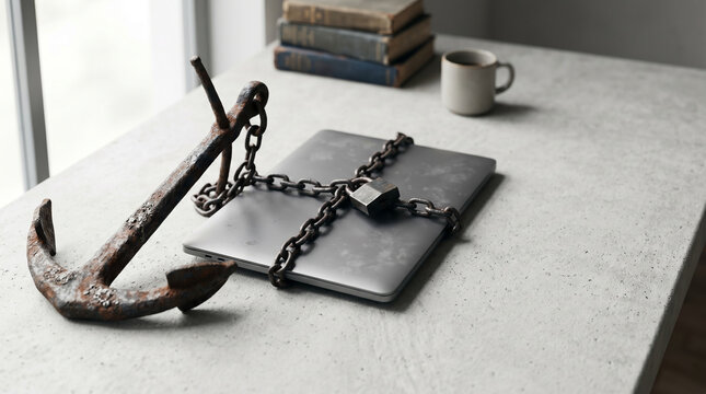 Modern laptop chained to a heavy rusty iron anchor on concrete, symbolizing technical debt, corporate burden, and digital burnout.