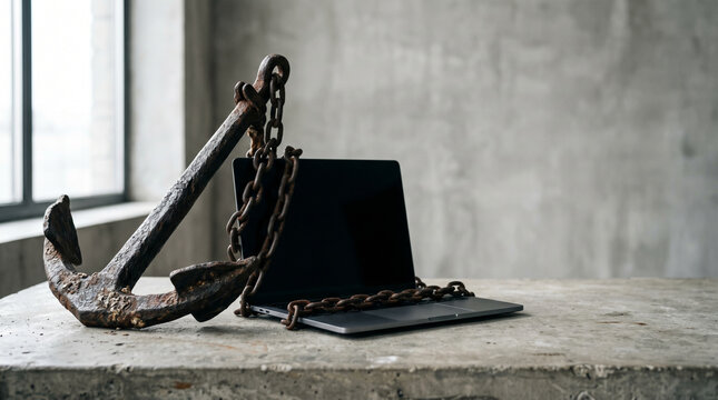 Modern laptop chained to a heavy rusty iron anchor on concrete, symbolizing technical debt, corporate burden, and digital burnout.