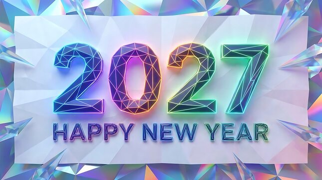 Abstract low poly crystal 2027 Happy New Year text on holographic iridescent background.