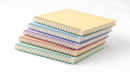 Fototapeta premium Stack of pastel spiral notebooks isolated on a white background. Clean minimalist mockup for back to school, education, stationery, and office supply concepts. Bright colorful binders