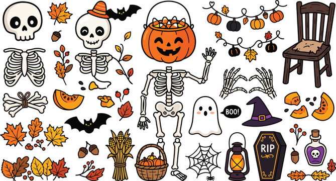 Colorful halloween vector bundle with pumpkins ghosts bats and candies on a white background