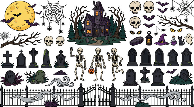 Festive halloween vector bundle with spooky graveyard elements pumpkins and bats on a white background