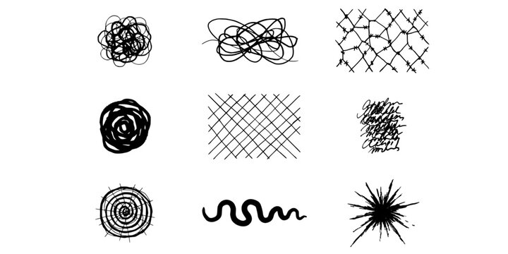 Abstract Line Drawings Featuring Tangled, Swirling, and Patterned Designs Arranged in a 3x3 Grid Featuring Drawing, Pattern