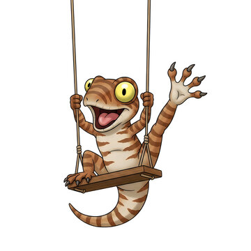 Happy gecko swinging on a swing in mid-air
