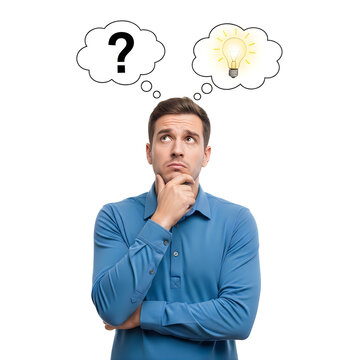 Man thinking with question and light bulb thoughts