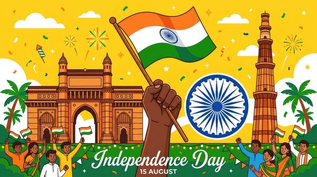 Indian independence day illustration with historical monuments and festive elements