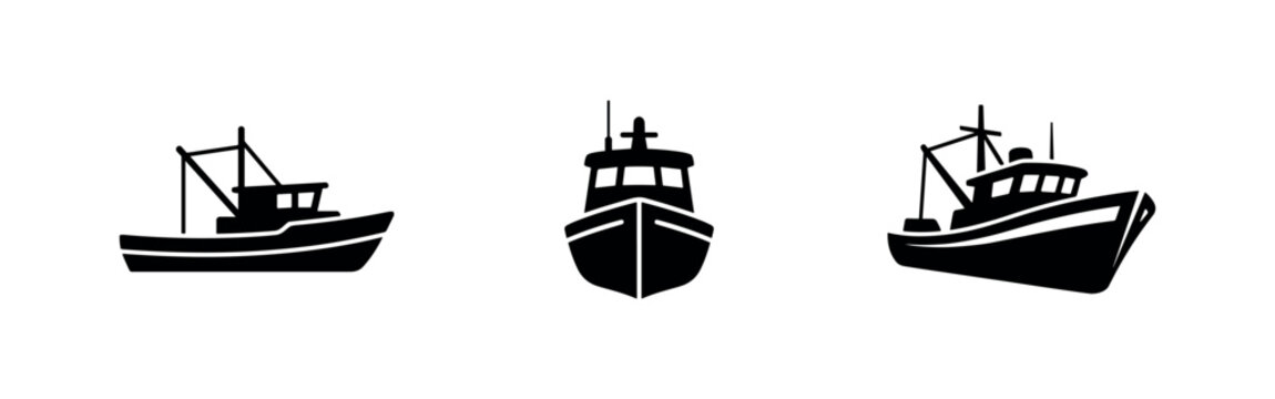 Three black fishing boat icons, representing different vessel types.