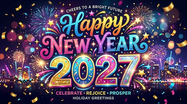 Happy new year 2027 with fireworks, confetti, and festive lettering over illuminated city.