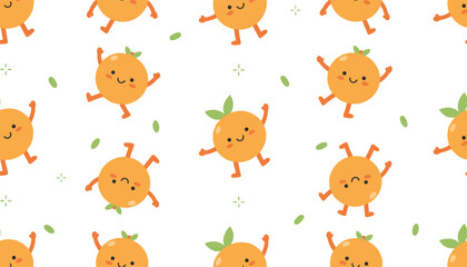 Obraz premium Cute orange fruit characters dancing in a seamless pattern