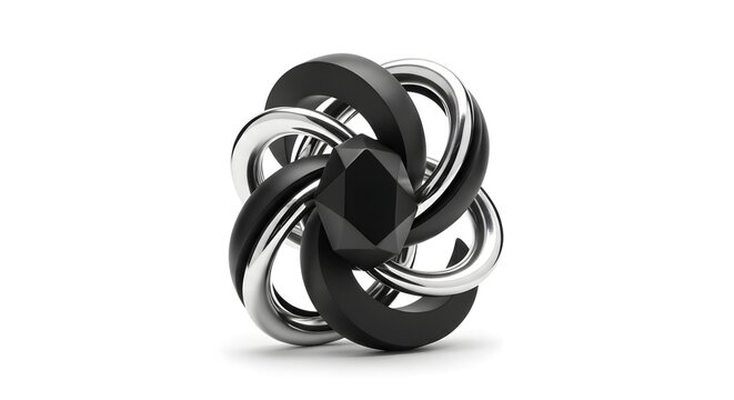 Interconnected metal rings puzzle piece 3D rendering black and white on white background